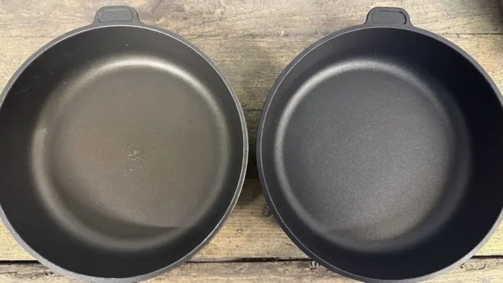 Pfanne neu beschichtet Pfanne vor der ITN Pfannenbeschichtung – abgenutzte Oberfläche