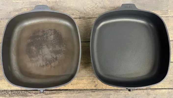 Pfannen neu beschichten Vorher-Nachher-Bild einer Pfanne: links abgenutzt und verkratzt, rechts glänzend und perfekt beschichtet.